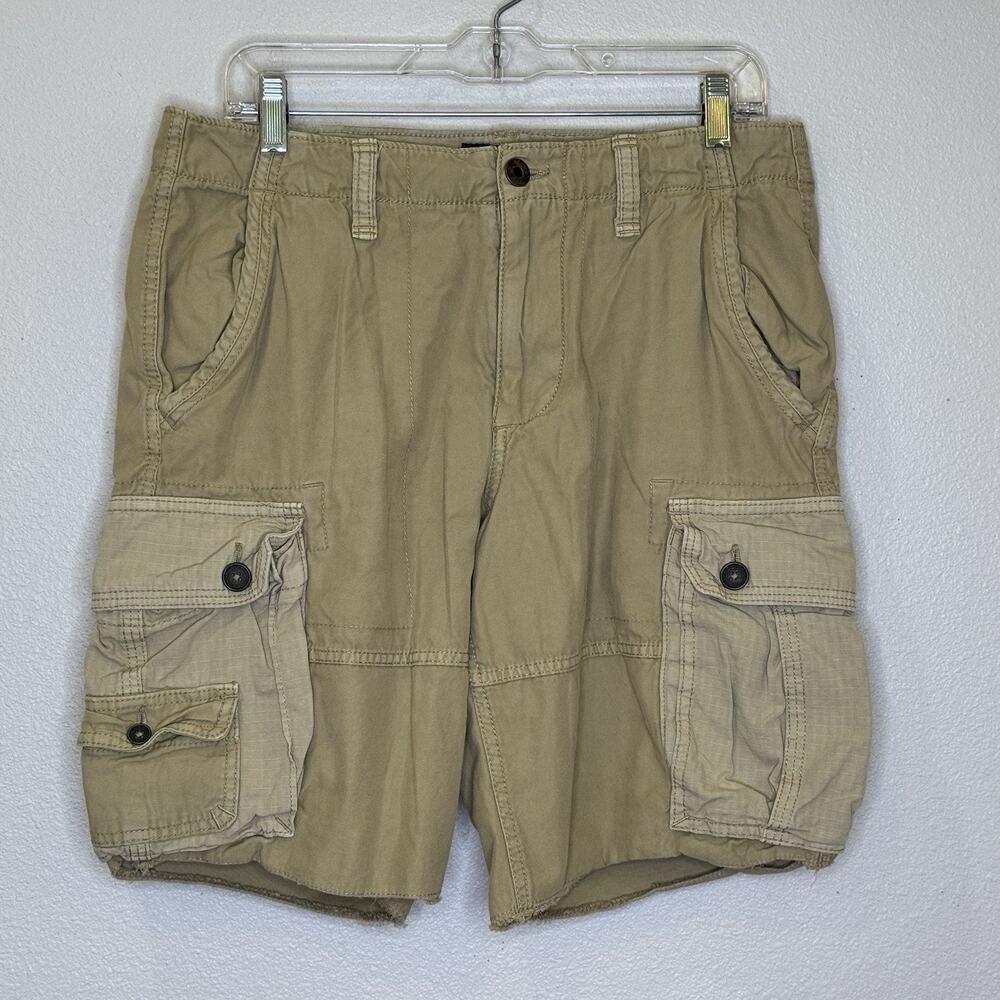 American Eagle Classic Cargo Shorts Mens Size 31 Khaki Tan Distressed Raw Hem